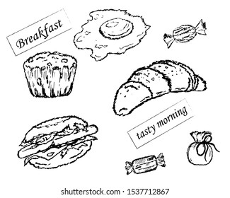 Breakfast, good morning. Vector breakfast and morning icon set. Morning meal for menu design. Collection for breakfasts and brunches. Vintage hand drawn sketch, vector illustration.