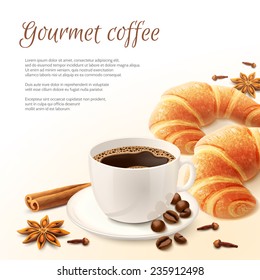 Breakfast with gourmet coffee with spices and croissant background vector illustration