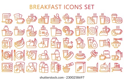 Breakfast gradient outline icons set, contain bread, milk, cake, tea, juice, croissant, glass, coffee and more. use for modern concept, UI or UX kit, web and app. vector EPS 10 ready convert to SVG. svg