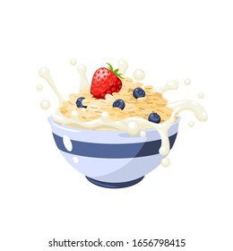 Breakfast granola. Oatmeal with berries and milk. Vector illustration cartoon cereal vegan food flat icon isolated on white.