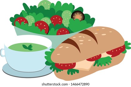 Breakfast Green Tea, Sandwich and salad Illustration