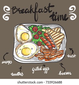 Breakfast of grilled eggs, bacon, tomatoes, salad,sausages, sandwiches.Vector illustration for menu design with decorative elements and lettering