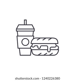 Breakfast, hamburger and coffee line icon concept. Breakfast, hamburger and coffee vector linear illustration, symbol, sign