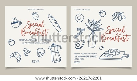 Breakfast hand draw invitation party set. Italian la dolce vita, crayon drawing style