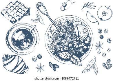 Breakfast, hand drawing, isolated on white background, contour illustration , oatmeal with berries, tea, waffles, croissants healthy food