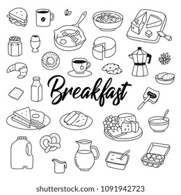 Breakfast hand drawn doodle icons set, illustration with roasted eggs, bacon, sausages, milk, cheese, coffee pot, sandwich, jam, milk, pretzel, donut, croissant.