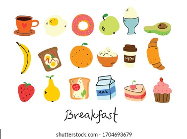 Frühstück handgezeichnet doodle Symbole. Essen und Trinken.