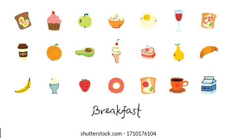 Breakfast hand drawn doodle icons. Food and drink.