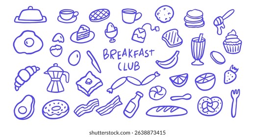 Breakfast hand drawn doodle sketch. Morning menu egg, toast, tea, coffee, avocado, banana, milk, bread graphic vector illustration collection set.