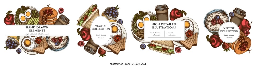 Breakfast hand drawn frame templates. Vintage illustrations of sandwich, pancakes, bowl with avocado, porridge with berries, chia pudding, fried eggs, raspberry, blueberry, strawberry, apples, paper