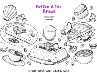 Breakfast hand drawn illustration. Coffee shop menu design. Food sketch. Coffee, tea and desserts. Cafe menu elements