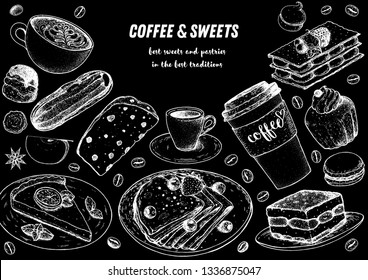 Breakfast hand drawn illustration. Coffee shop menu design. Food sketch. Coffee, tea and desserts. Cafe menu elements