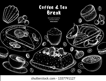 Breakfast hand drawn illustration. Coffee shop menu design. Food sketch. Coffee, tea and desserts. Cafe menu elements