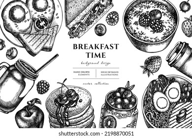 Breakfast hand drawn illustration design. Background with sketch sandwich, pancakes, bowl with avocado, porridge with berries, chia pudding, fried eggs, raspberry, blueberry, strawberry, apples, paper