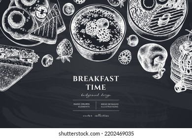 Breakfast hand drawn illustration design. Background with chalk sandwich, pancakes, bowl with avocado, porridge with berries, fried eggs, raspberry, blueberry, strawberry, apples.