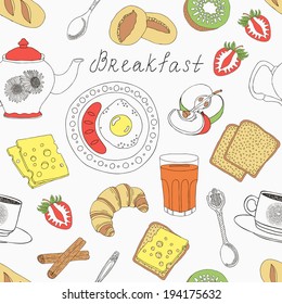 Breakfast hand drawn seamless template. Vector illustration.