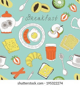 Breakfast hand drawn seamless template. Vector illustration. 