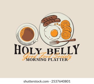 Café da manhã mão desenhado arte vetorial, café da manhã saudável com ilustração vetor de café, retro vintage arte de alimentos frescos para t shirt, cartaz, cartão, impressão gráfica, pescada, salsichas, tomate