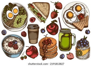 Breakfast hand drawn vector illustrations collection. Colored sandwich, pancakes, bowl with avocado, porridge with berries, chia pudding, fried eggs, raspberry, blueberry, strawberry, apples, paper