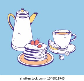 Breakfast. Hand drawn vector image for creative design of posters, menu, cards, websites, banners, etc. 