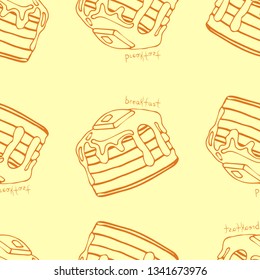 Breakfast. Hand painted. contour vector image. On a yellow background. Seamless pattern.
