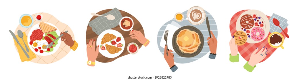 Breakfast hands. Top view morning tasty healthy meals, gourmet brunch in bistro, english breakfast and pancakes, croissants and doughnuts. Cafe or restaurant food vector trendy cartoon style concept