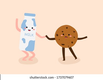 Breakfast. Happy cute milk and chocolate chip cookie couple cartoon. Kawaii milk and cookies best friends illustration for menu, bar, shop, card or sticker