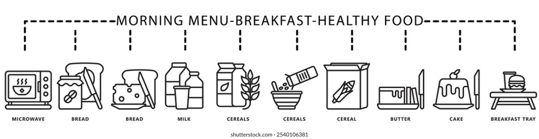 El Anuncio negro del icono del contorno de la comida sana contiene el pan, la leche, los cereales, la mantequilla, el pastel, la bandeja del desayuno, el microondas y más. Vector EPS 10. para impresión, UI o UX kit, Web y desarrollo de App.