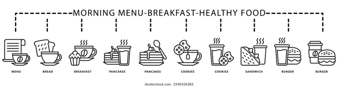 Breakfast, healthy food black outline icon banner. contain menu, bread, pancake, cookies, drink, tea, coffee, sandwich, burger and more. Vector EPS 10. for print, UI or UX kit, web and app development