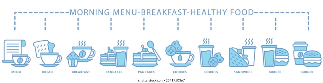 Desayuno, Anuncio de iconos de color azul de comida saludable. contiene menú, pan, panqueque, galletas, bebida, té, café, sándwich, hamburguesa y más. Vector EPS 10. para impresión, UI o UX kit, Web y desarrollo de App