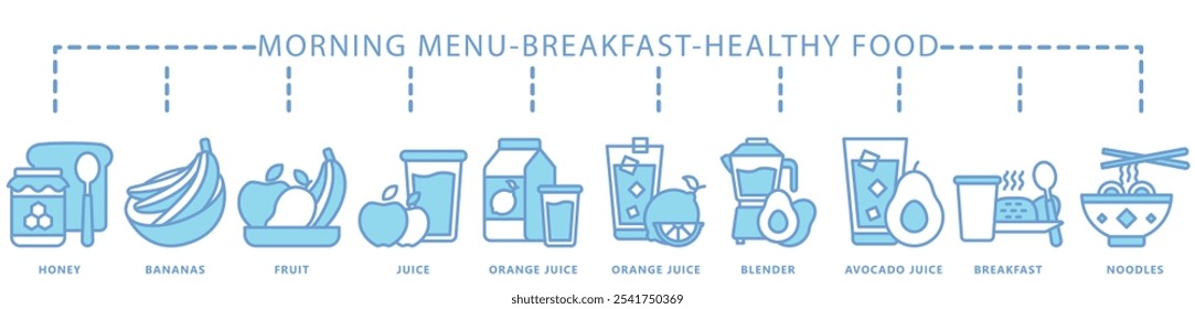Breakfast, healthy food blue color icon banner. contain honey, banana, fruit, juice, orange, avocado, noodles, rice and more. Vector EPS 10. for print, UI or UX kit, web and app development.