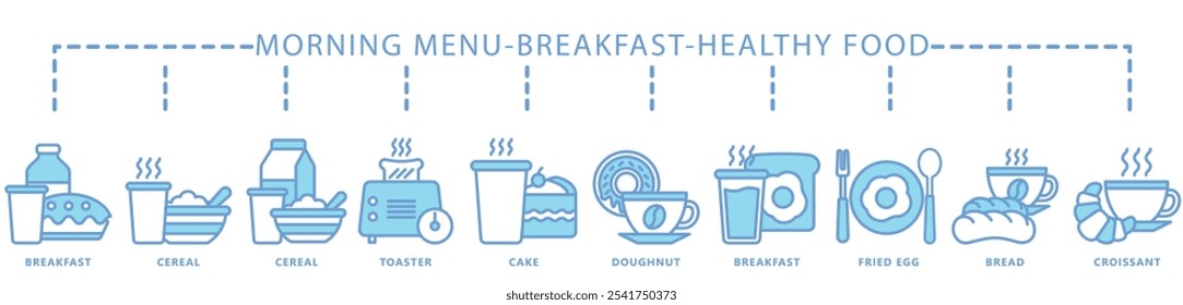 Café da manhã, comida saudável azul cor ícone banner. contém cereal, torradeira, bolo, chá, café, bebida, pão, croissant, ovos e muito mais. Vetor EPS 10. para impressão, UI ou UX kit, web e desenvolvimento de aplicativos.