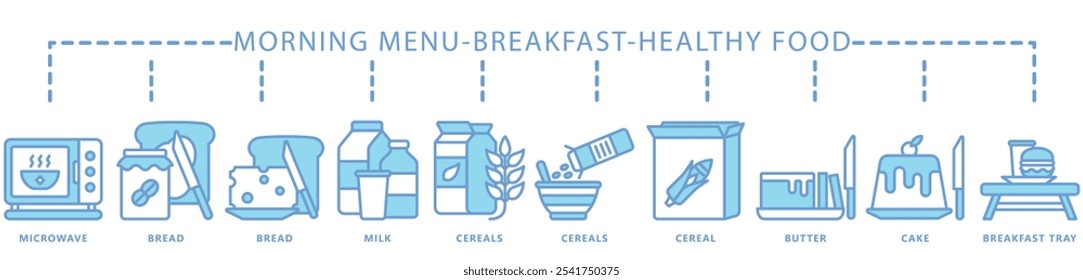 Café da manhã, comida saudável azul cor ícone banner. contém pão, leite, cereais, manteiga, bolo, bandeja de café da manhã, micro-ondas e muito mais. Vetor EPS 10. para impressão, UI ou UX kit, web e desenvolvimento de aplicativos.