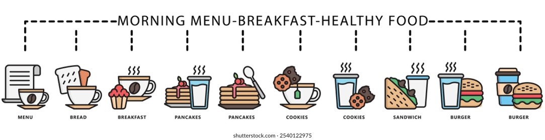 El Anuncio del icono de la línea del color de la comida sana. contiene el menú, el pan, el panqueque, las galletas, la bebida, el té, el café, el bocadillo, la hamburguesa y más. Vector EPS 10. para impresión, UI o UX kit, Web y desarrollo de App