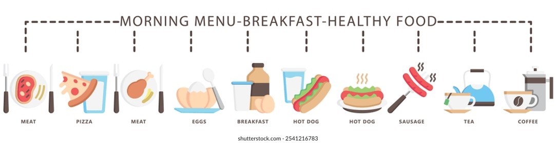 Breakfast, healthy food flat color icon banner. contain meat, pizza, meal, eggs, hot dog, sausage, tea, coffee and more. Vector EPS 10. for print, UI or UX kit, web and app development.