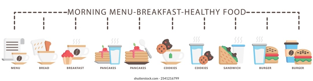 Desayuno, Anuncio de iconos de color plano de comida saludable. contiene menú, pan, panqueque, galletas, bebida, té, café, sándwich, hamburguesa y más. Vector EPS 10. para impresión, UI o UX kit, Web y desarrollo de App