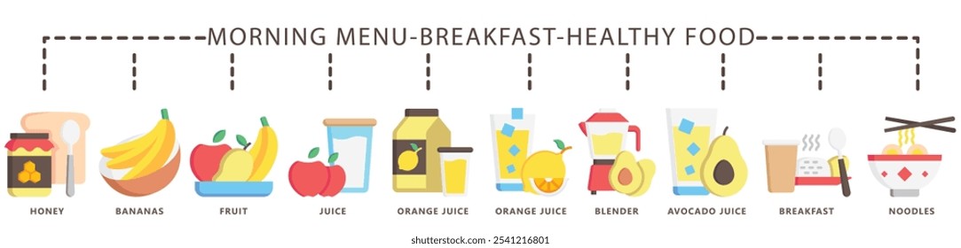 Breakfast, healthy food flat color icon banner. contain honey, banana, fruit, juice, orange, avocado, noodles, rice and more. Vector EPS 10. for print, UI or UX kit, web and app development.