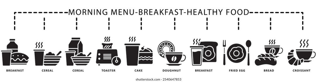 Breakfast, healthy food glyph icon banner. contain cereal, toaster, cake, tea, coffee, drink, bread, croissant, eggs and more. Vector EPS 10. for print, UI or UX kit, web and app development.