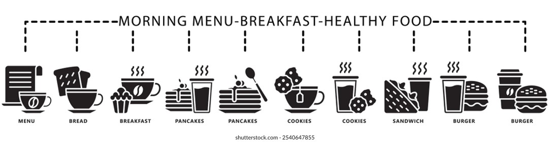 Desayuno, Anuncio de icono de glifo de comida saludable. contiene menú, pan, panqueque, galletas, bebida, té, café, sándwich, hamburguesa y más. Vector EPS 10. para impresión, UI o UX kit, Web y desarrollo de App