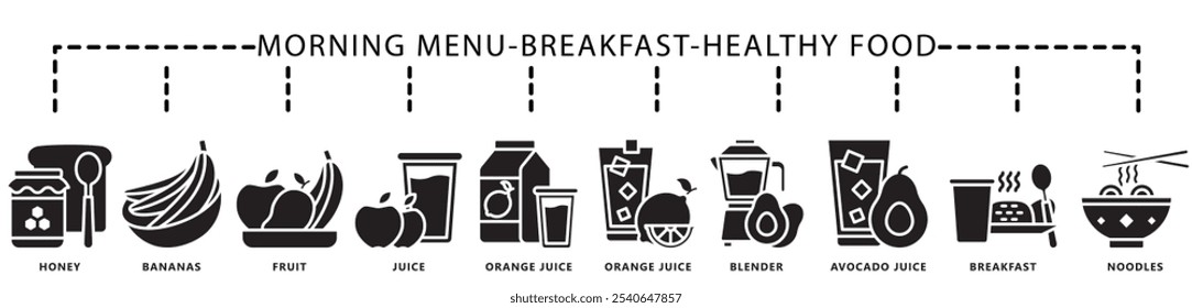 Breakfast, healthy food glyph icon banner. contain honey, banana, fruit, juice, orange, avocado, noodles, rice and more. Vector EPS 10. for print, UI or UX kit, web and app development.
