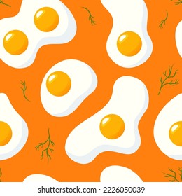 Breakfast, healthy food illustration, fried eggs on a bright orange background. Dill greens. Seamless pattern for wallpaper, printing on fabric, wrapping, background.