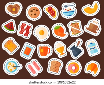 Breakfast healthy food meal icons drinks flat design bread egg lunch healthy meat menu restaurant vector illustration.