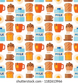 Breakfast healthy food meal icons seamless pattern background drinks flat design bread egg lunch healthy meat menu restaurant vector illustration.