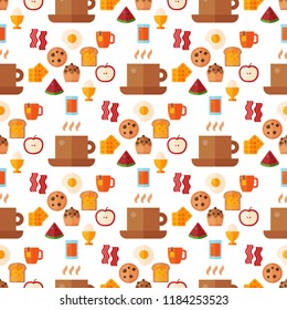Breakfast healthy food meal icons seamless pattern background drinks flat design bread egg lunch healthy meat menu restaurant vector illustration.