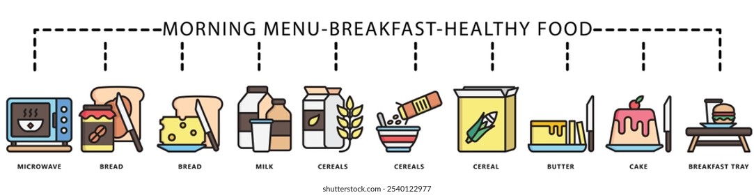 El Anuncio contiene pan, leche, cereales, mantequilla, pastel, bandeja de desayuno, microondas y más. Vector EPS 10. para impresión, UI o UX kit, Web y desarrollo de App