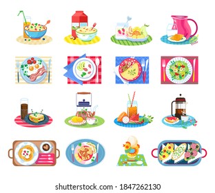 Breakfast healthy food vector illustration set. Cartoon flat tasty food and drink collection for breakfasting or brunch, classic snacks or desserts on plate, traditional morning menu isolated on white