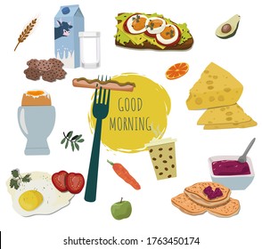 Frühstück, ein gesunder Start in den Tag, verschiedene Gerichte mit Kaffee, Pfannkuchen, Eier, Käse, Sandwich.  Frühstückskarte mit Essensartikeln einzeln auf weißem Hintergrund, Vektorgrafik.