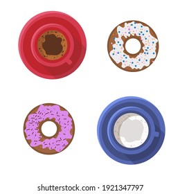 Breakfast at home or in a cafe in a vector illustration in a red cup with a saucer of coffee and a blue glass of milk and two sweet donuts with icing and sprinkling top view