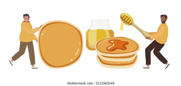 Breakfast with honey and pancakes. Tiny men cooking pancakes with honey. Honey jar, pancakes, wooden spoon with honey drops isolated on white background. Organic food eco template. Tasty breakfast.