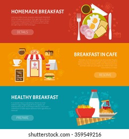 Breakfast horizontal banners set with homemade and healthy breakfast symbols flat isolated vector illustration 